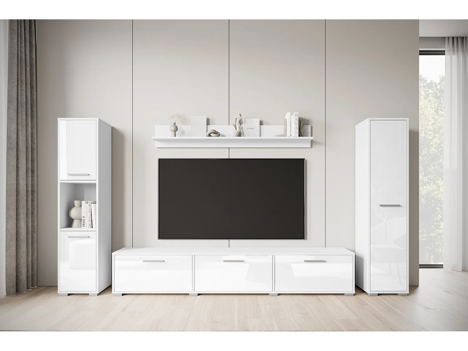 Moderne woonwand – hangend/staand, tv-meubel 180 cm, 2 kolomkasten, wandplank, corpus wit mat fronten wit hoogglans