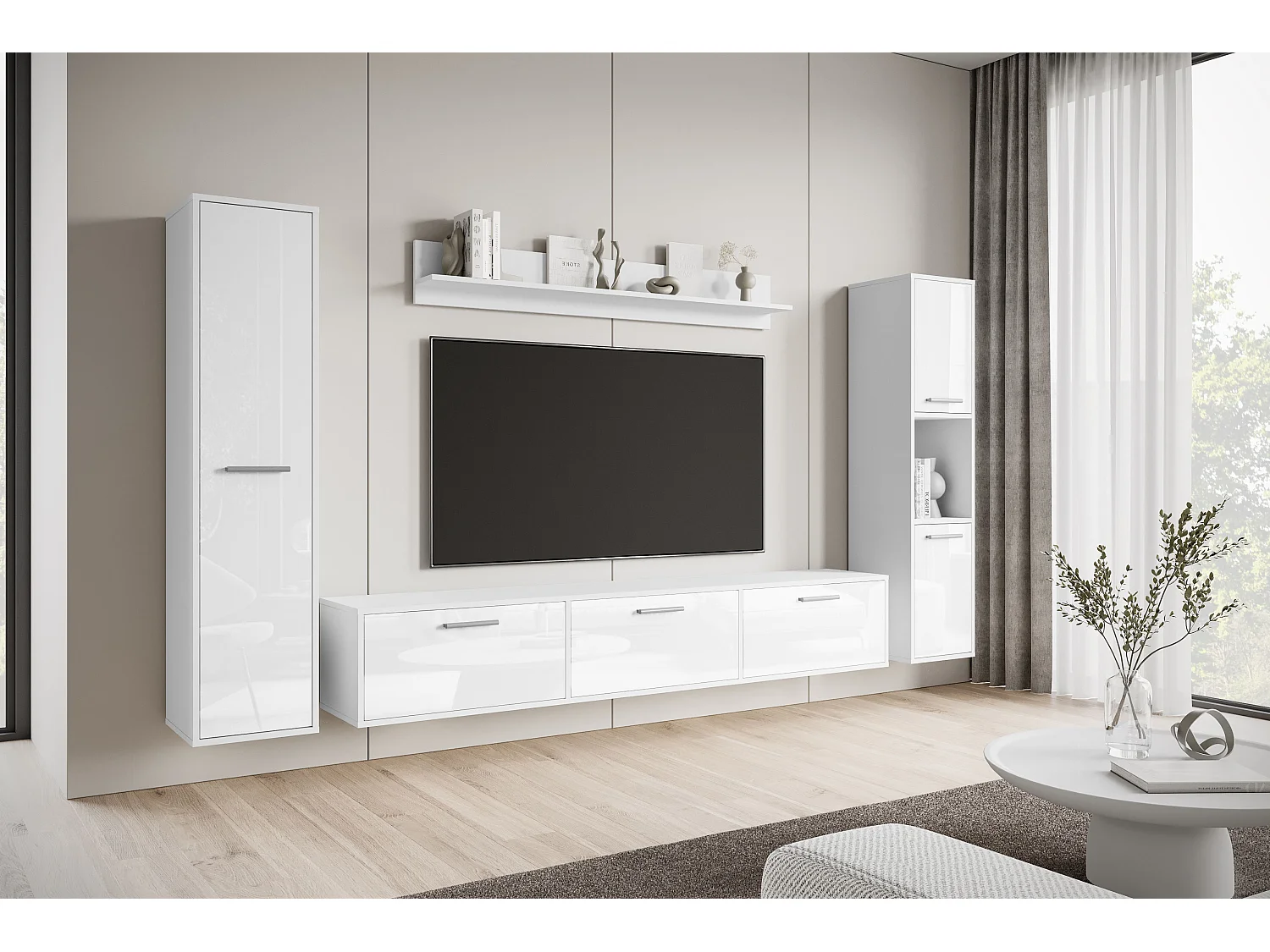 Moderne woonwand – hangend/staand, tv-meubel 180 cm, 2 kolomkasten, wandplank, corpus wit mat fronten wit hoogglans