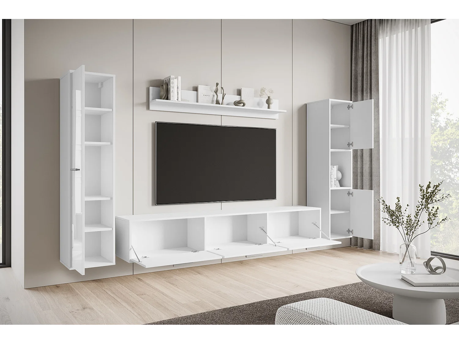 Moderne woonwand – hangend/staand, tv-meubel 180 cm, 2 kolomkasten, wandplank, corpus wit mat fronten wit hoogglans