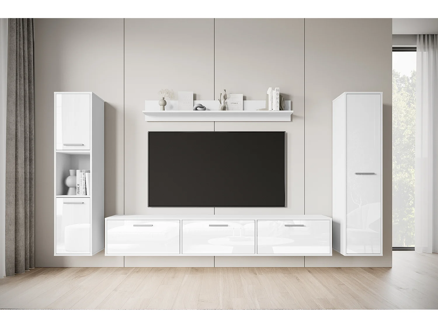 Moderne woonwand – hangend/staand, tv-meubel 180 cm, 2 kolomkasten, wandplank, corpus wit mat fronten wit hoogglans