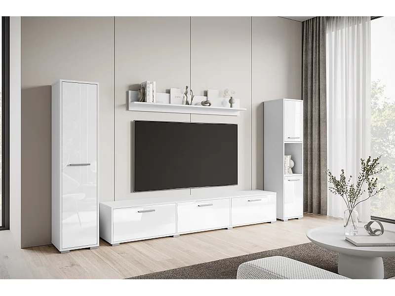 Ensemble mural moderne – set suspendu/posé, meuble TV 180 cm, 2 colonnes, étagère, corps blanc mat façades blanc brillant
