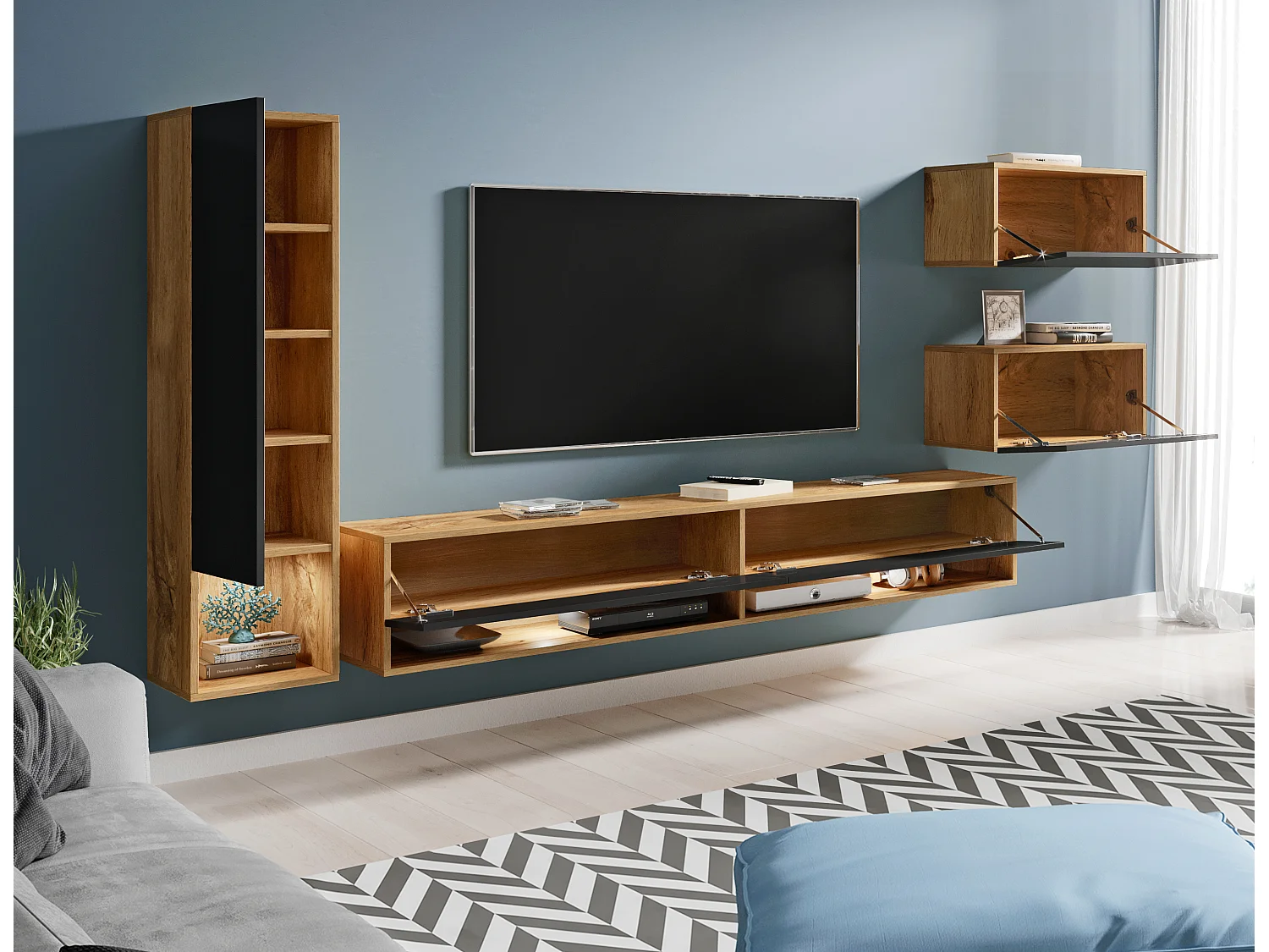 Meuble mural moderne 4 éléments – ensemble TV suspendu 180 cm, colonne et 2 rangements, corps wotan, façades noir brillant