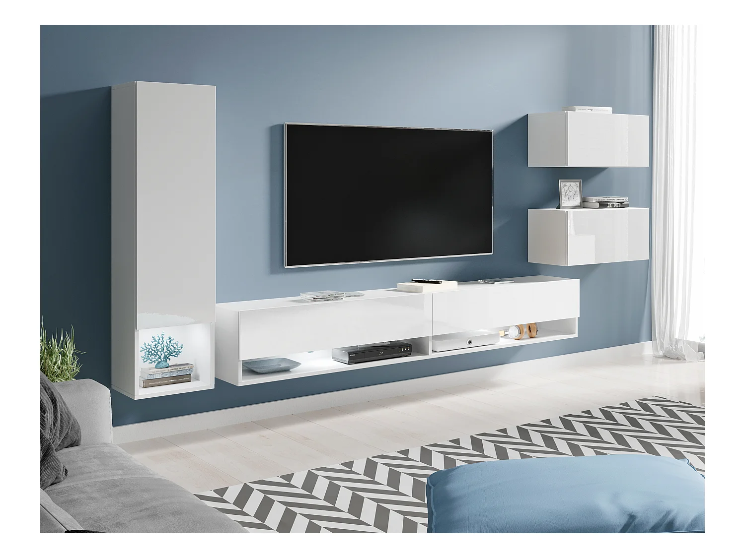 Meuble mural moderne 4 éléments – ensemble TV suspendu 180 cm, colonne et 2 rangements, corps blanc, façades blanc brillant
