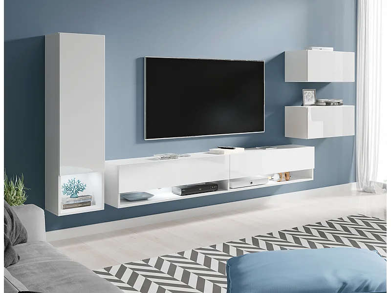 Meuble mural moderne 4 éléments – ensemble TV suspendu 180 cm, colonne et 2 rangements, corps blanc, façades blanc brillant