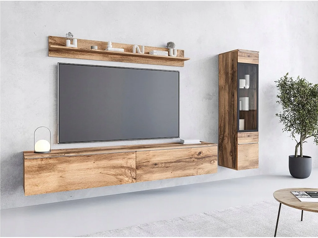 Moderne woonkamer meubelset 3-delig – TV-meubel 180 cm, vitrinekast en plank, eiken Wotan mat, staand of hangend