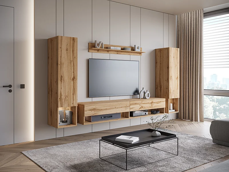 Móvel de sala moderno – conjunto suspenso com 2 colunas + móvel de TV 180 cm + prateleira, carvalho wotan mate