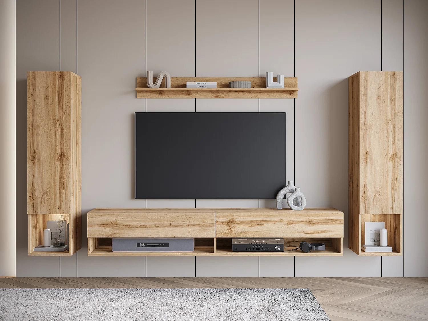 Moderne woonwand – hangende set voor woonkamer met 2 kolommen + TV-meubel 180 cm + plank, wotan eiken mat