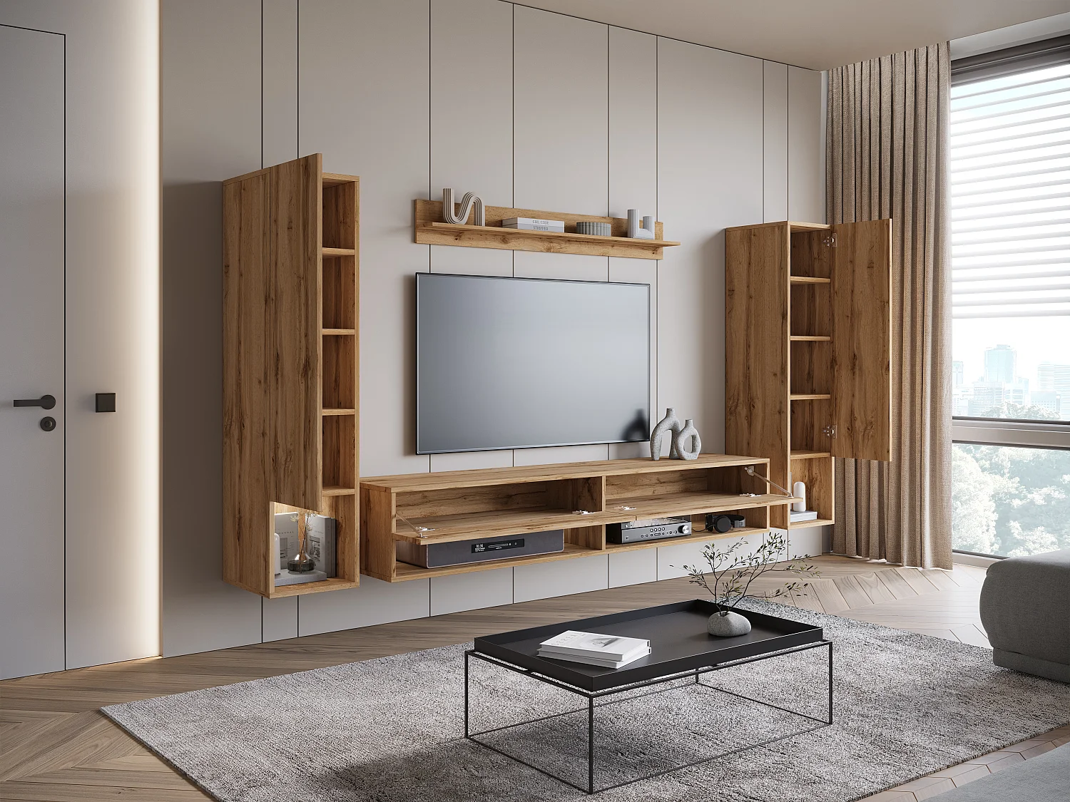 Moderne woonwand – hangende set voor woonkamer met 2 kolommen + TV-meubel 180 cm + plank, wotan eiken mat
