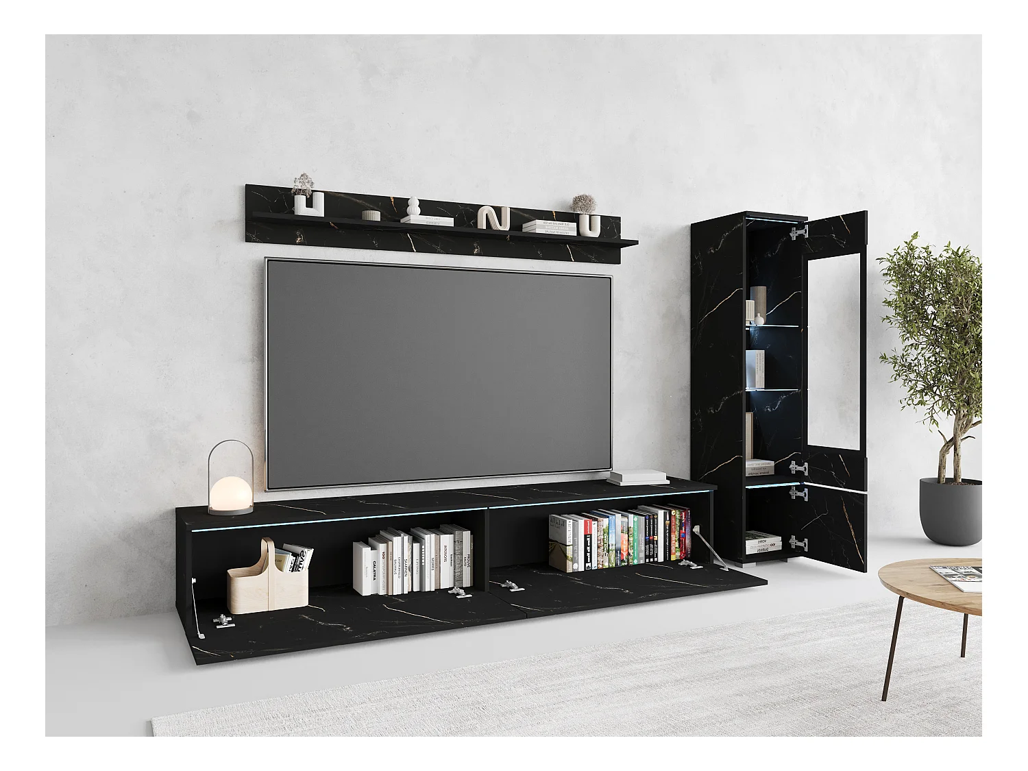 Conjunto moderno de móveis de sala 3 peças – móvel de TV 180 cm, vitrina e prateleira, SAN SEBASTIAN mate, de pé ou suspenso