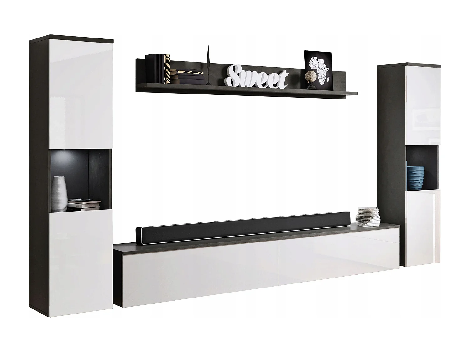 Mur TV moderne 4 pièces pour salon, structure matera, façades blanc brillant, 2 colonnes et meuble TV 180 cm