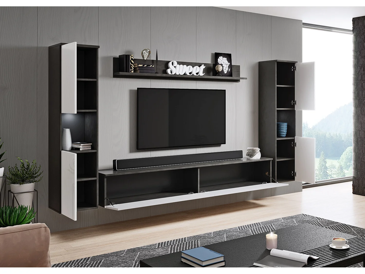 Mur TV moderne 4 pièces pour salon, structure matera, façades blanc brillant, 2 colonnes et meuble TV 180 cm