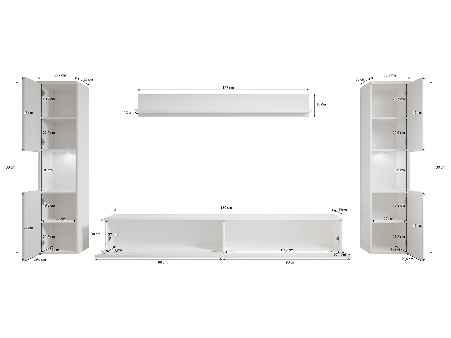 Mur TV moderne 4 pièces pour salon, structure matera, façades blanc brillant, 2 colonnes et meuble TV 180 cm