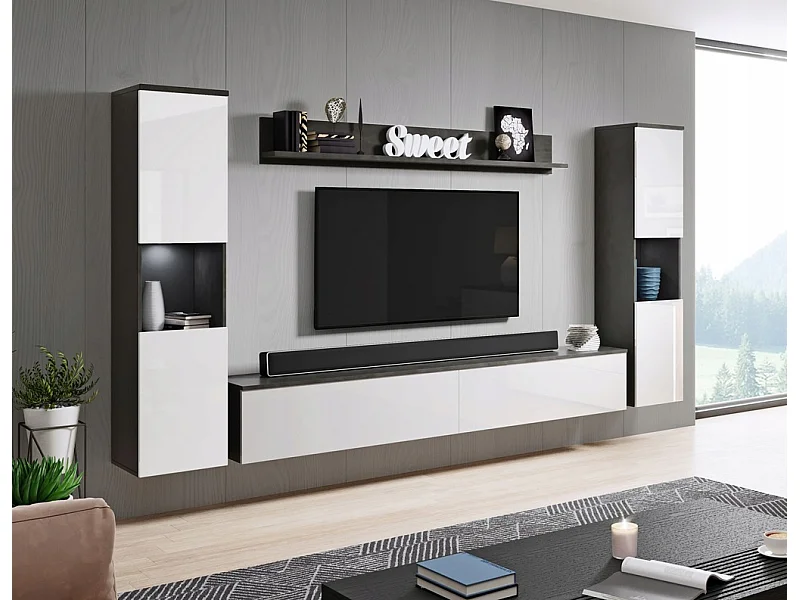 Mur TV moderne 4 pièces pour salon, structure matera, façades blanc brillant, 2 colonnes et meuble TV 180 cm