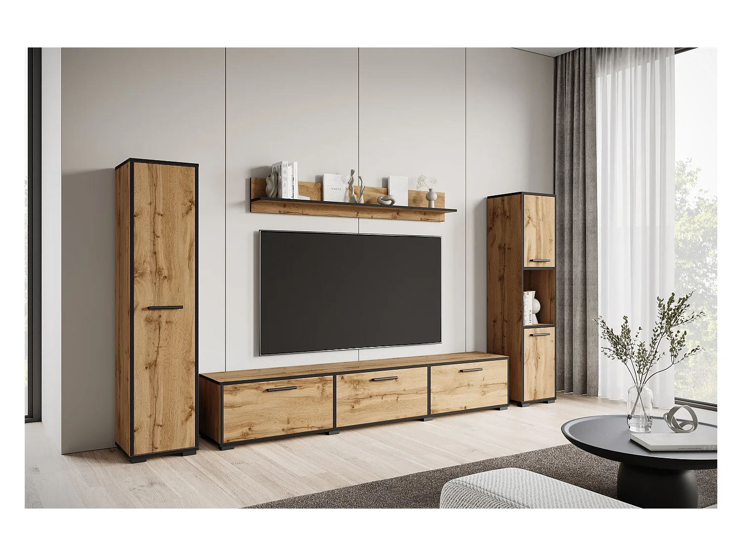 Moderne woonwand – hangend/staand, tv-meubel 180 cm, 2 kolomkasten, wandplank, eik Wotan met zwarte rand (mat)
