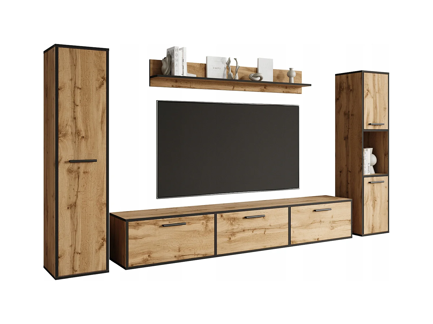 Moderne woonwand – hangend/staand, tv-meubel 180 cm, 2 kolomkasten, wandplank, eik Wotan met zwarte rand (mat)