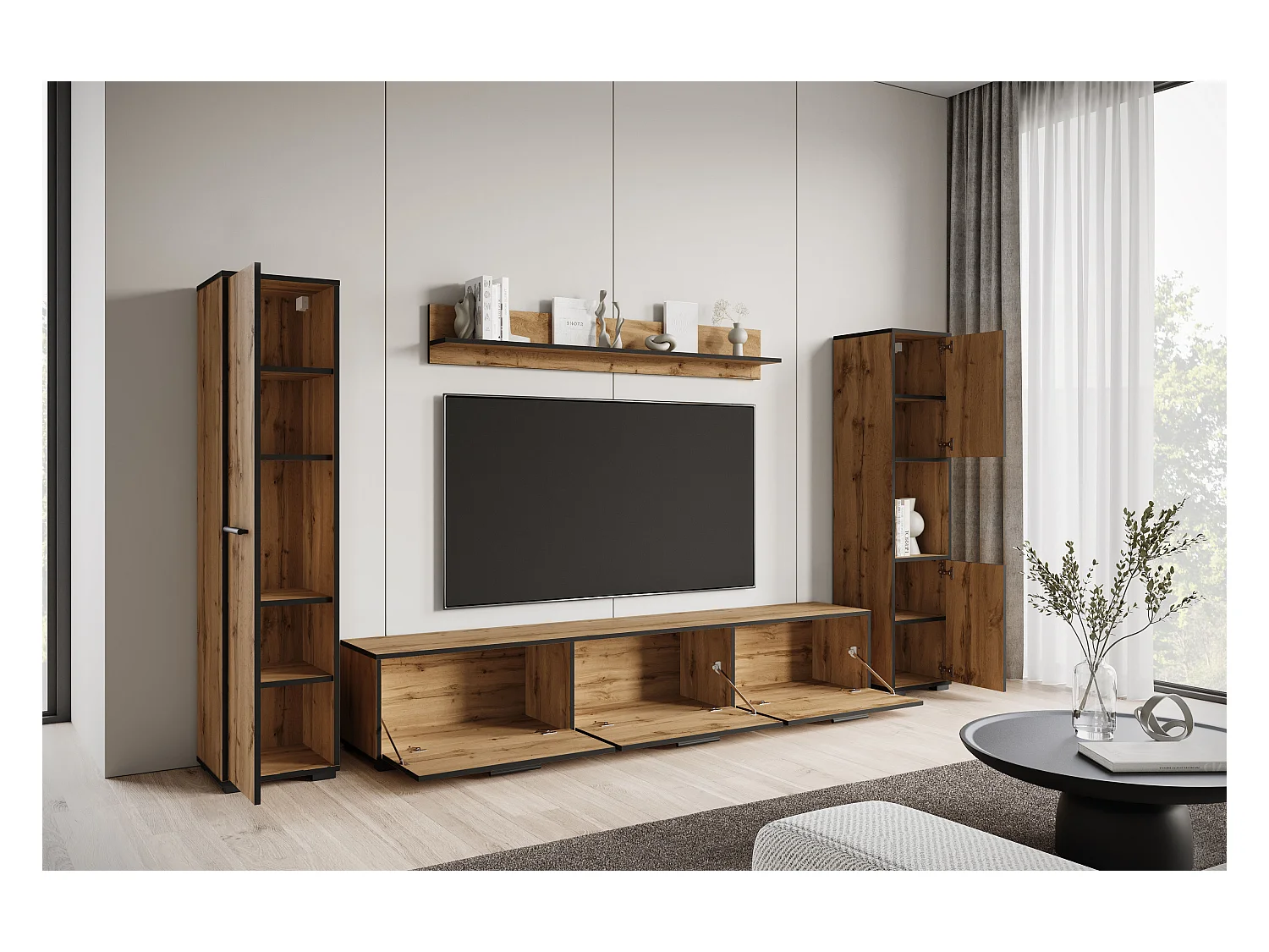 Moderne woonwand – hangend/staand, tv-meubel 180 cm, 2 kolomkasten, wandplank, eik Wotan met zwarte rand (mat)