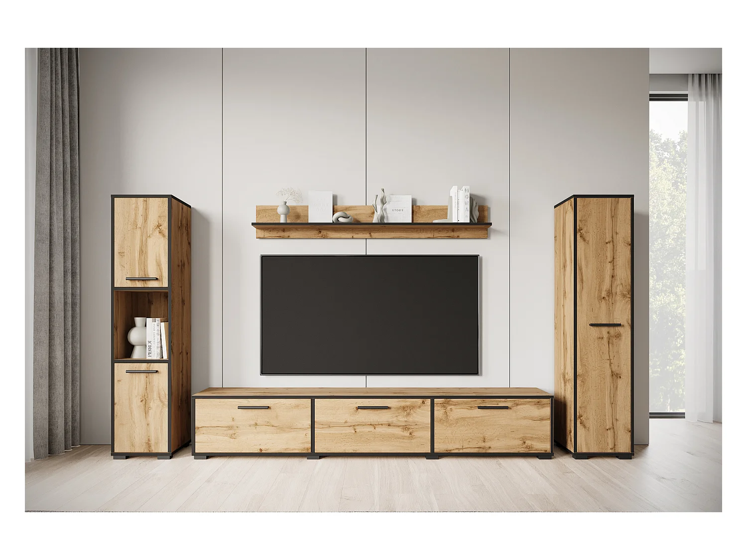 Moderne woonwand – hangend/staand, tv-meubel 180 cm, 2 kolomkasten, wandplank, eik Wotan met zwarte rand (mat)