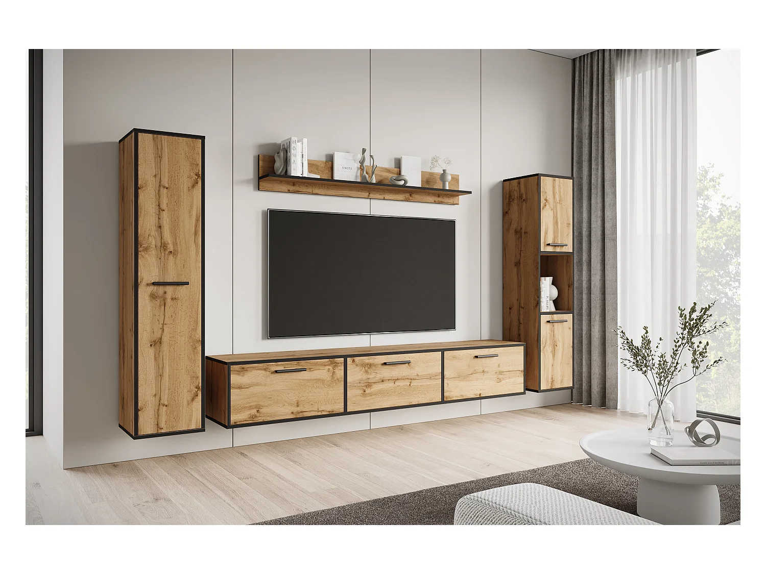 Moderne woonwand – hangend/staand, tv-meubel 180 cm, 2 kolomkasten, wandplank, eik Wotan met zwarte rand (mat)
