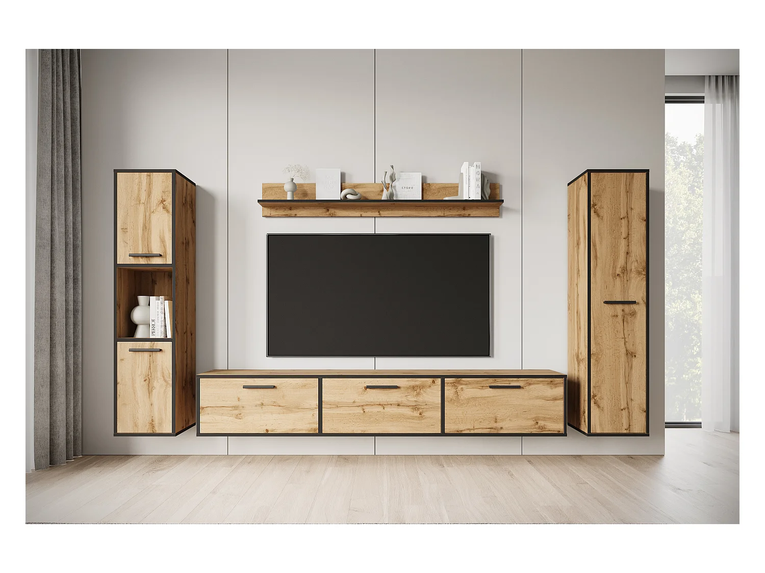 Moderne woonwand – hangend/staand, tv-meubel 180 cm, 2 kolomkasten, wandplank, eik Wotan met zwarte rand (mat)