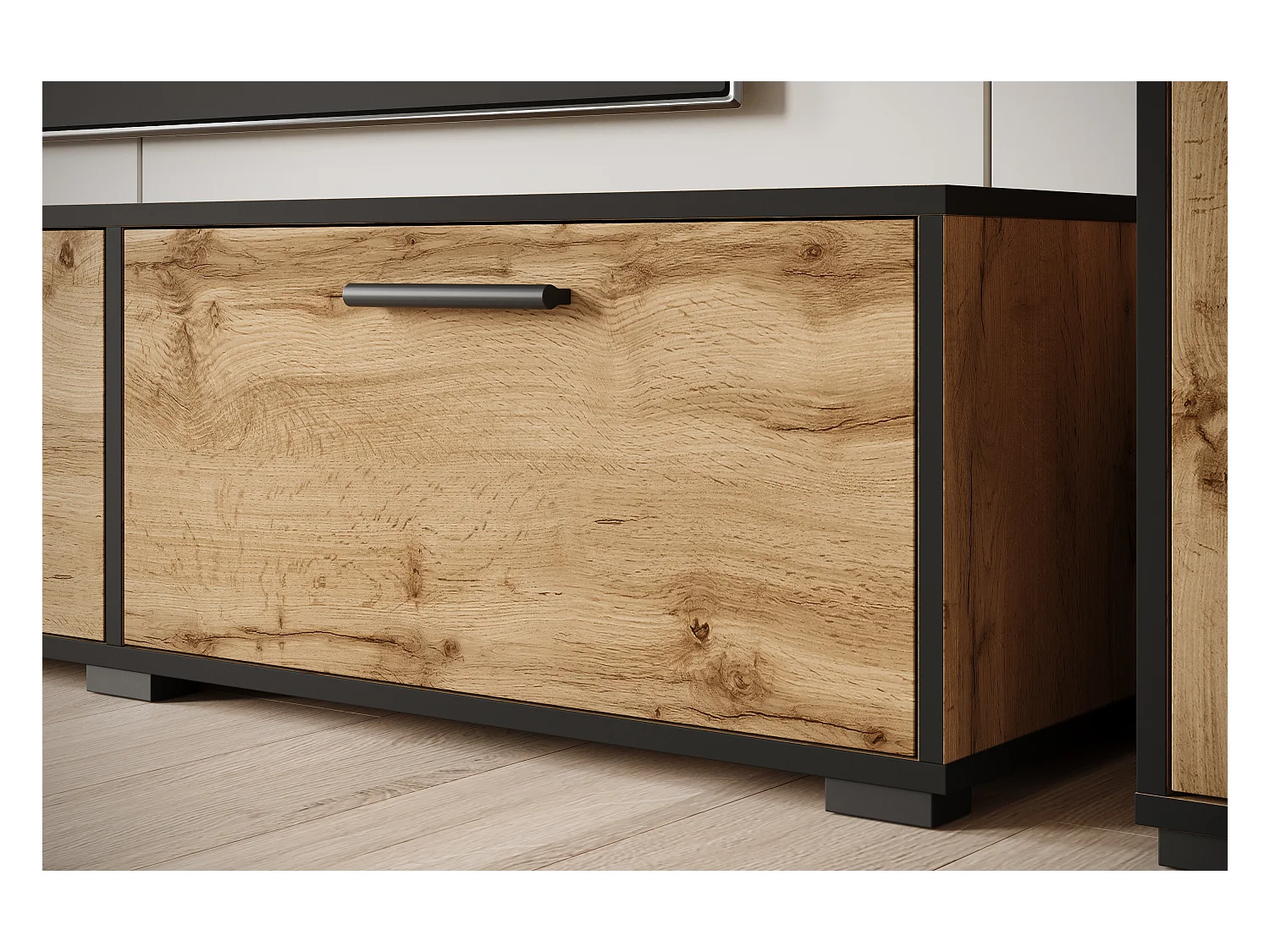 Moderne woonwand – hangend/staand, tv-meubel 180 cm, 2 kolomkasten, wandplank, eik Wotan met zwarte rand (mat)