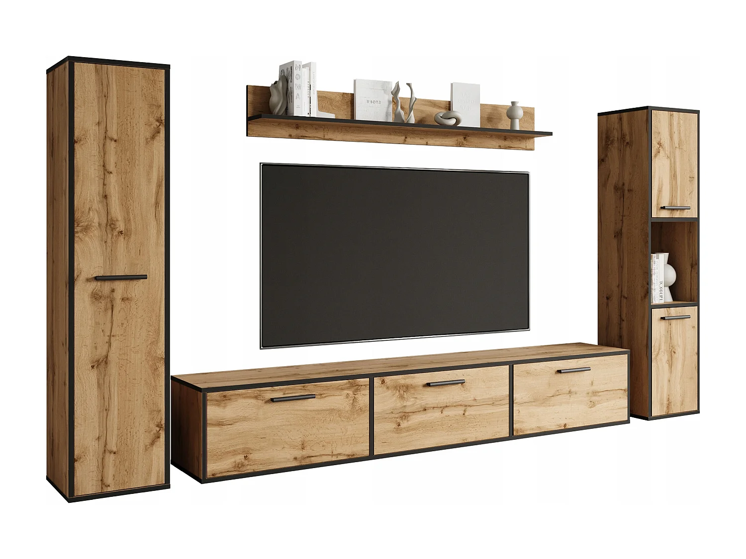 Ensemble mural moderne – set suspendu/posé, meuble TV 180 cm, 2 colonnes, étagère, chêne Wotan, bord noir mat