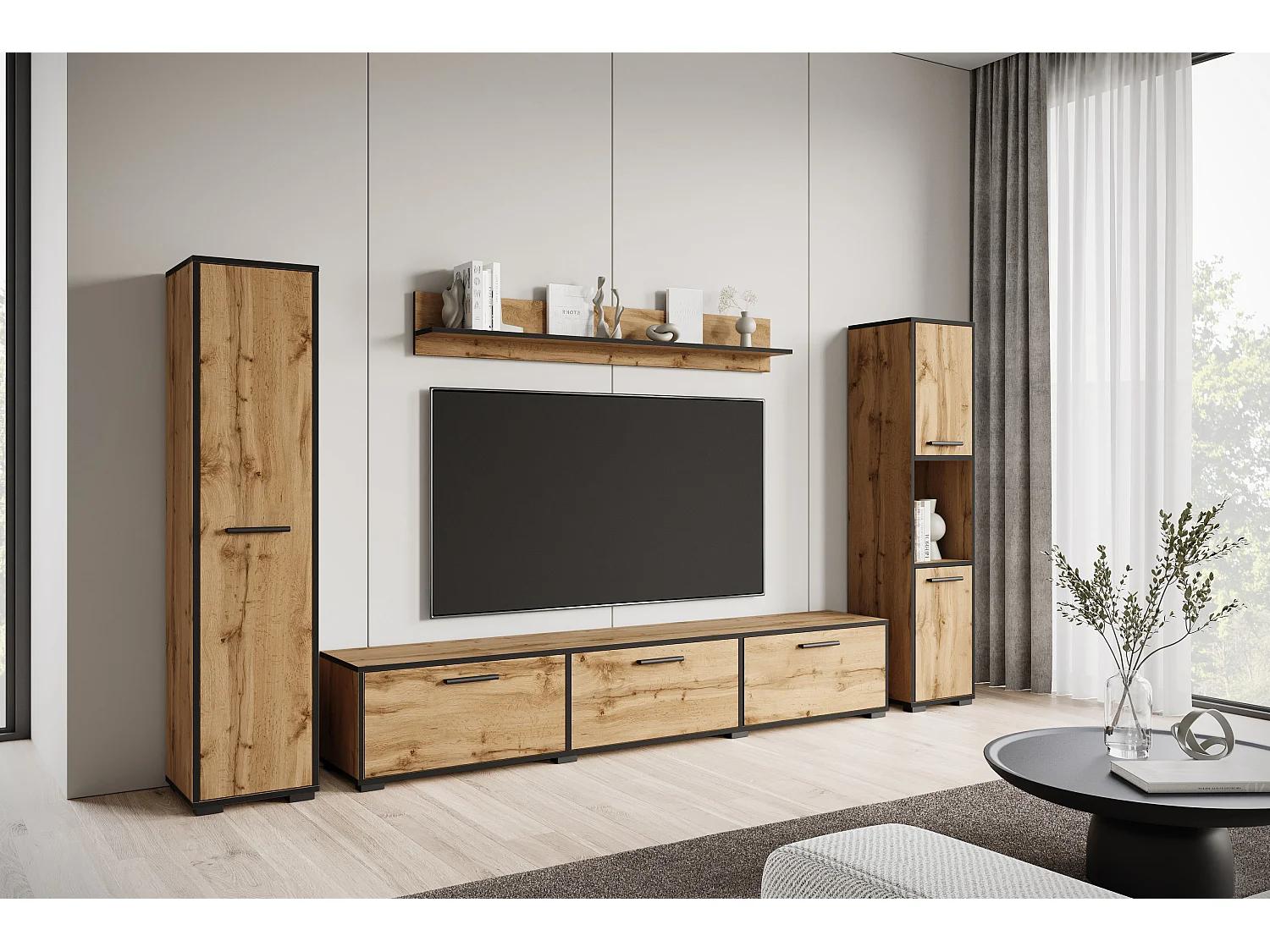 Ensemble mural moderne – set suspendu/posé, meuble TV 180 cm, 2 colonnes, étagère, chêne Wotan, bord noir mat