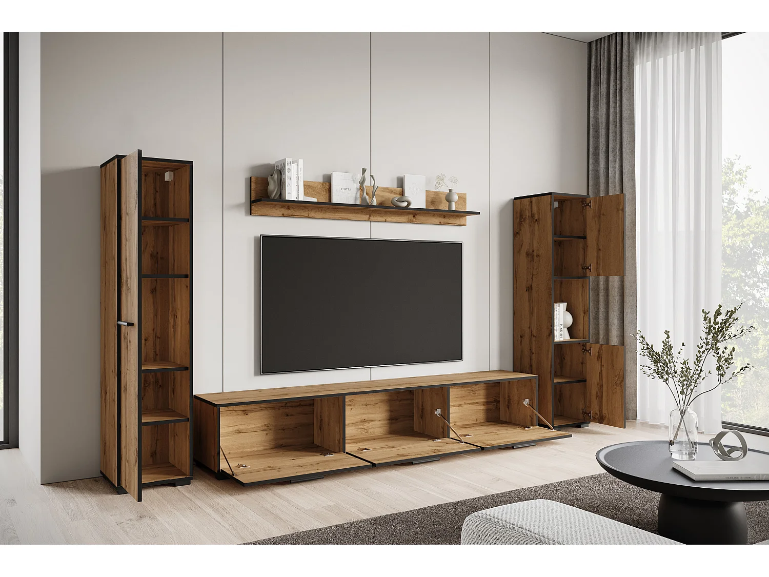 Ensemble mural moderne – set suspendu/posé, meuble TV 180 cm, 2 colonnes, étagère, chêne Wotan, bord noir mat