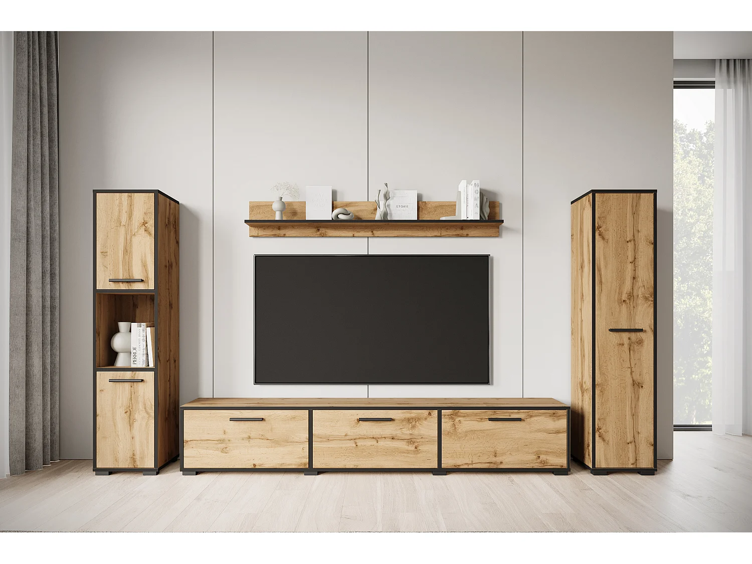 Ensemble mural moderne – set suspendu/posé, meuble TV 180 cm, 2 colonnes, étagère, chêne Wotan, bord noir mat
