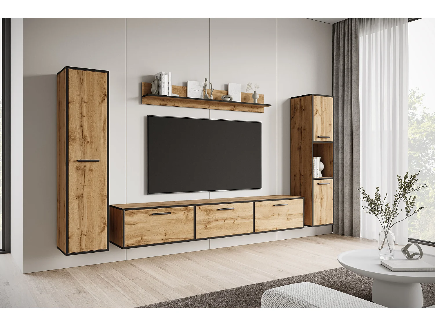 Ensemble mural moderne – set suspendu/posé, meuble TV 180 cm, 2 colonnes, étagère, chêne Wotan, bord noir mat