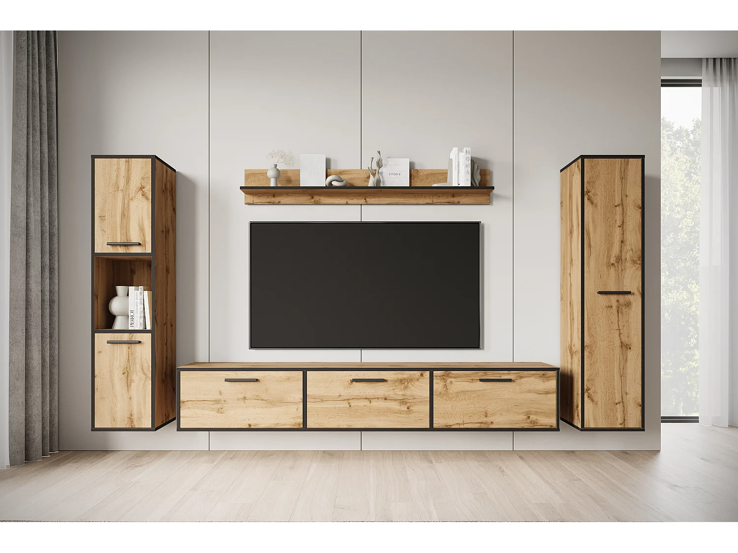 Ensemble mural moderne – set suspendu/posé, meuble TV 180 cm, 2 colonnes, étagère, chêne Wotan, bord noir mat