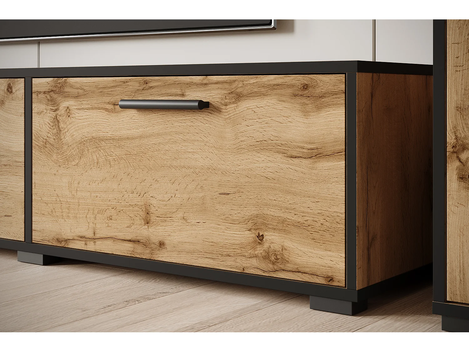 Ensemble mural moderne – set suspendu/posé, meuble TV 180 cm, 2 colonnes, étagère, chêne Wotan, bord noir mat