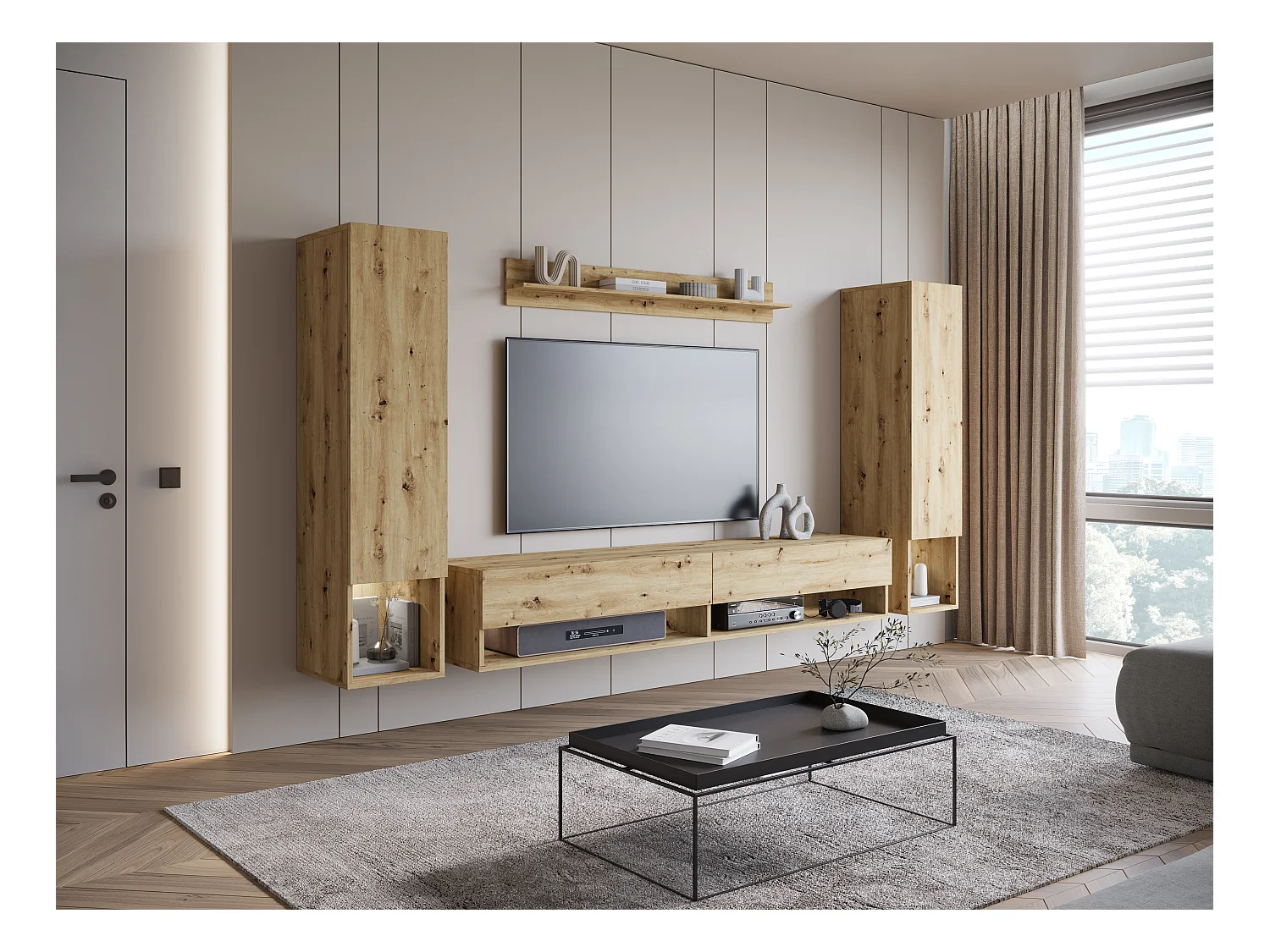 Mur TV moderne – ensemble suspendu pour salon avec 2 colonnes + meuble TV 180 cm + étagère, chêne artisan mat