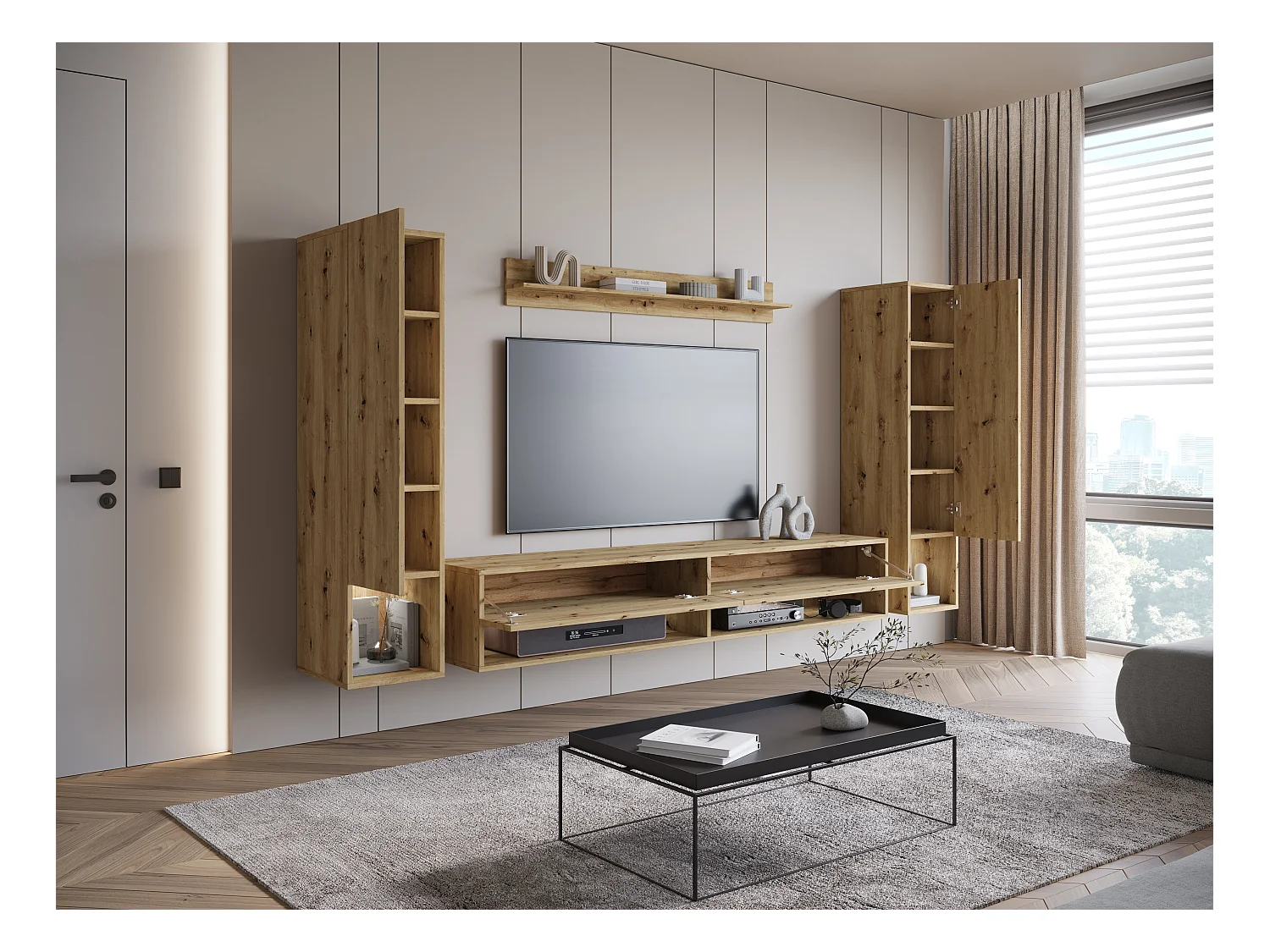 Moderne woonwand – hangende set voor woonkamer met 2 kolommen + TV-meubel 180 cm + plank, artisan eiken mat