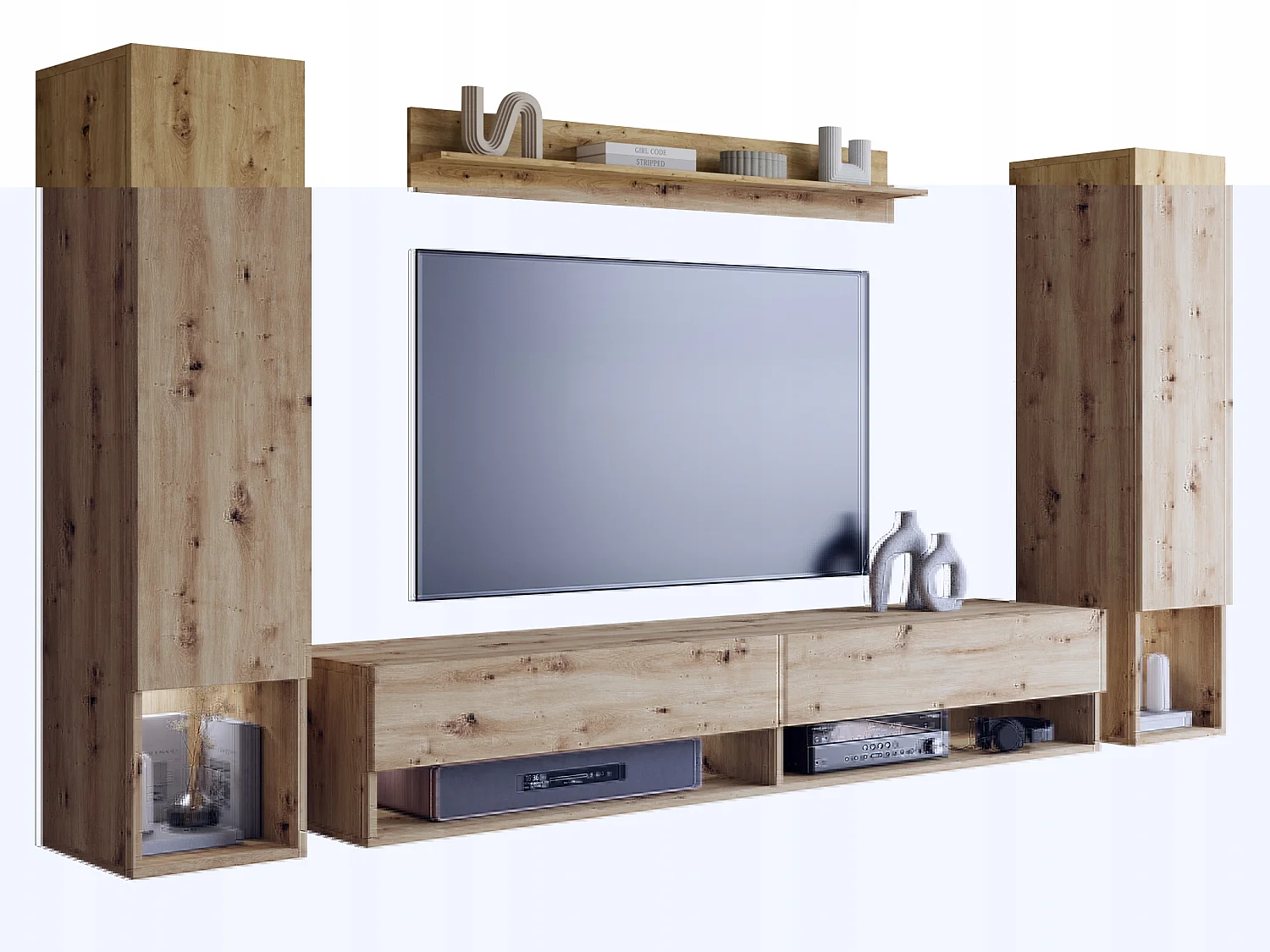 Mueble de salón moderno – conjunto colgante con 2 columnas + mueble TV 180 cm + estante, roble artisan mate