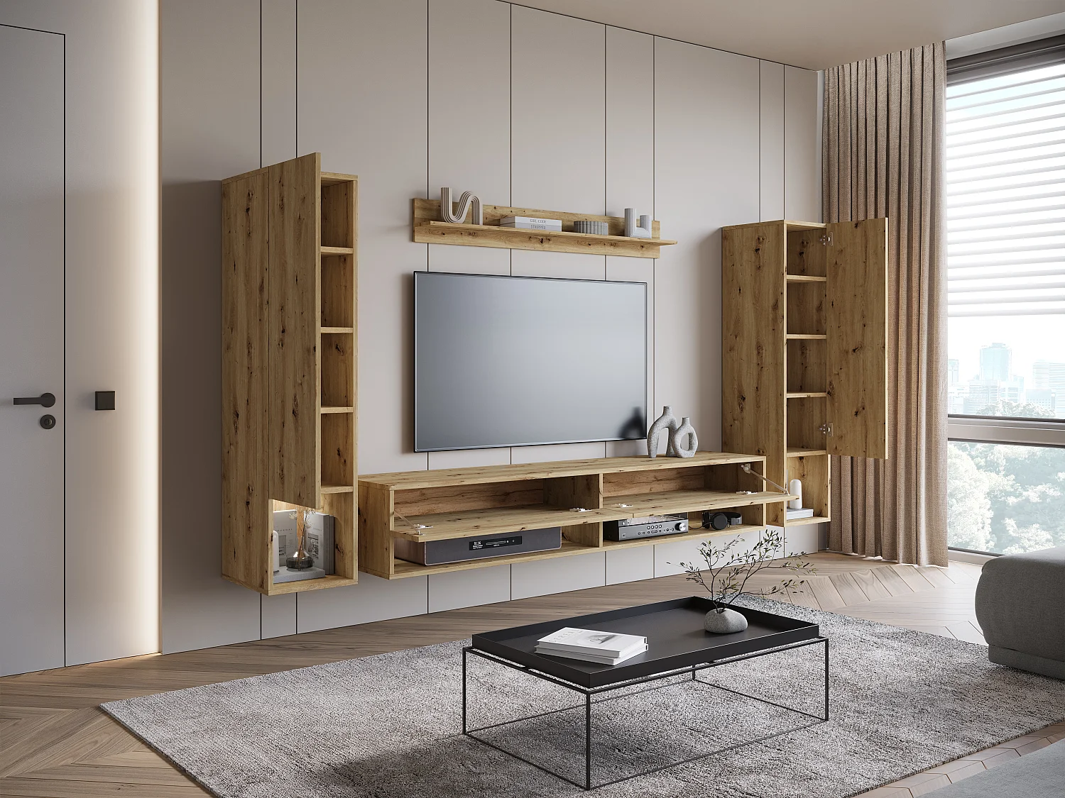 Mueble de salón moderno – conjunto colgante con 2 columnas + mueble TV 180 cm + estante, roble artisan mate