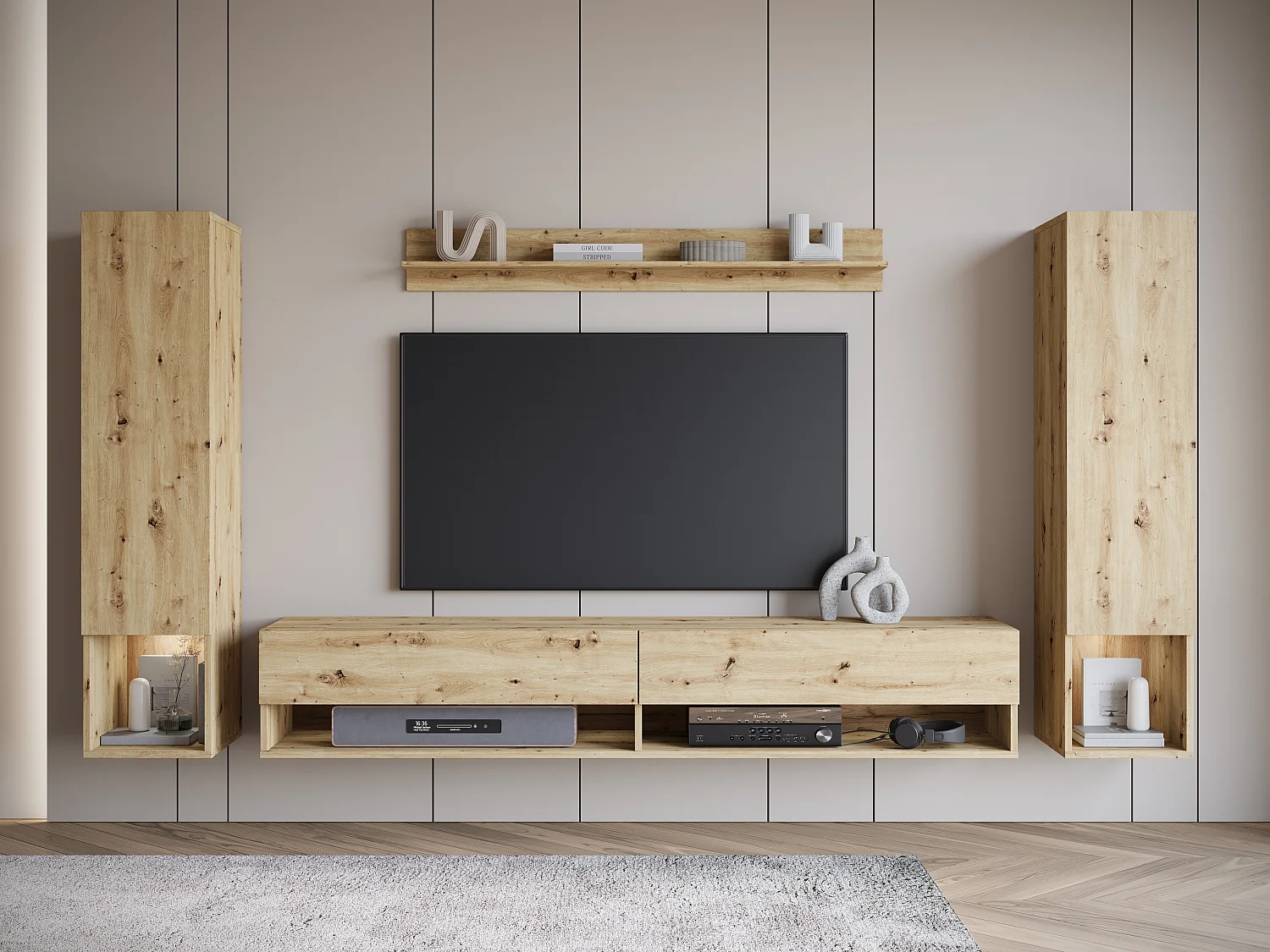 Mueble de salón moderno – conjunto colgante con 2 columnas + mueble TV 180 cm + estante, roble artisan mate