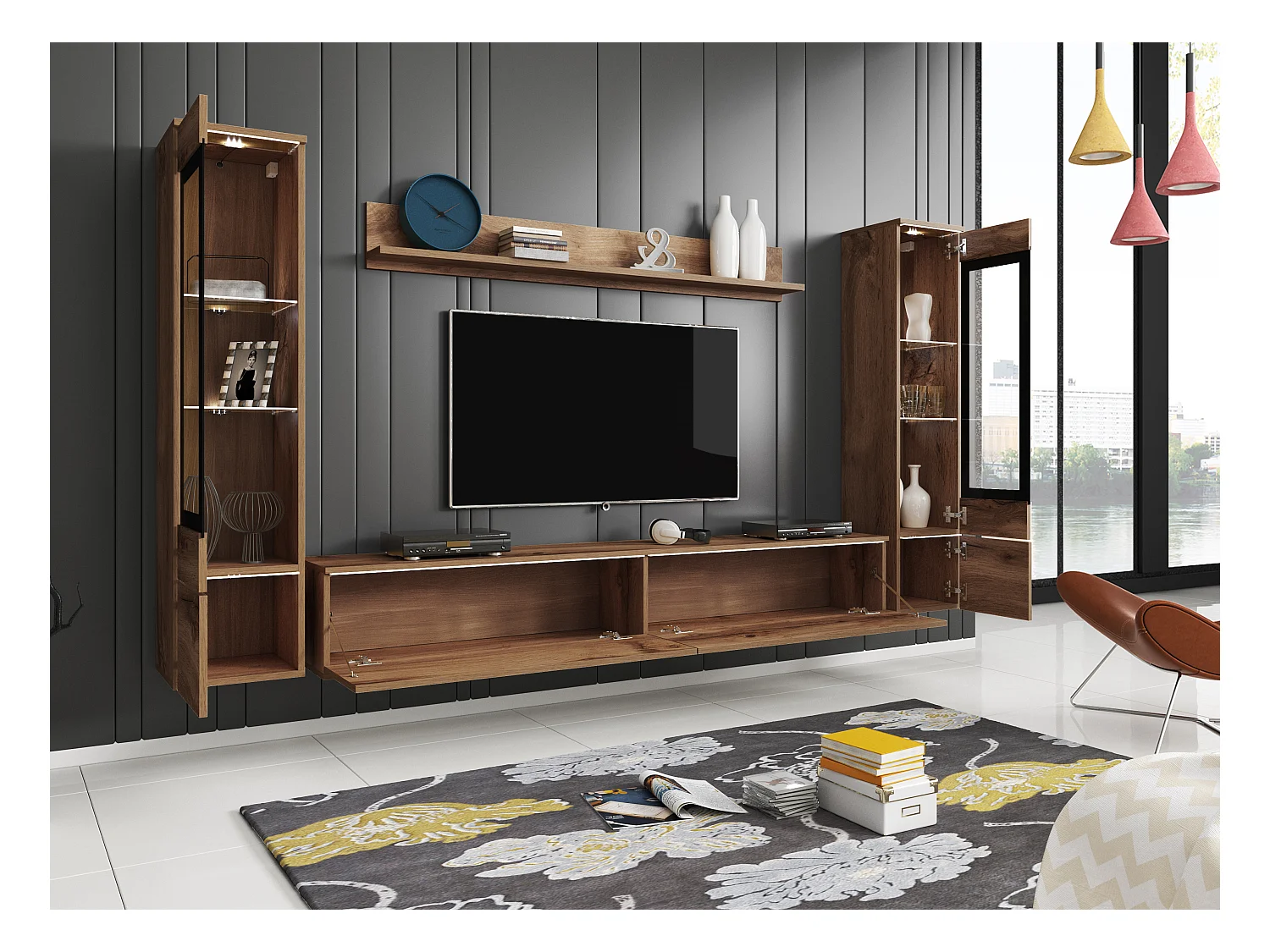 Conjunto moderno de móveis de sala 4 peças – móvel de TV 180 cm, 2 vitrinas e prateleira – estante de parede carvalho Wotan mate, de pé ou suspensa