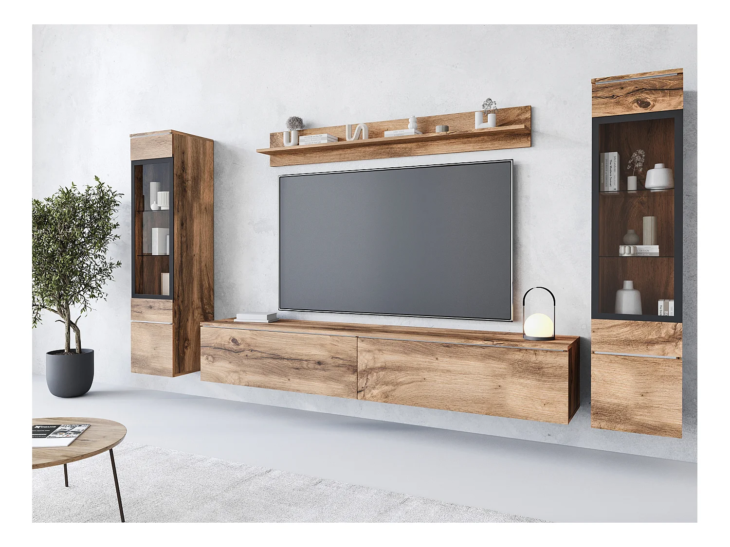Ensemble moderne de meubles de salon 4 éléments – meuble TV 180 cm, 2 vitrines et étagère – mur TV chêne Wotan mat, autoportant ou suspendu