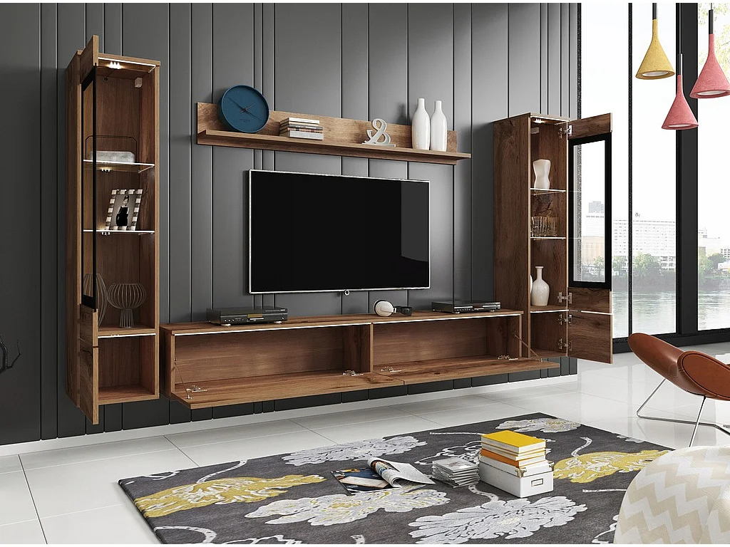 Conjunto moderno de móveis de sala 4 peças – móvel de TV 180 cm, 2 vitrinas e prateleira – estante de parede carvalho Wotan mate, de pé ou suspensa