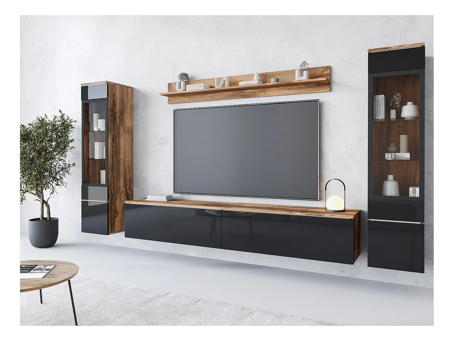 Set moderno di mobili da soggiorno 4 elementi, mobile TV 180 cm, 2 vetrine e mensola, corpo rovere Wotan opaco, fronti nero lucido, a terra o sospesa