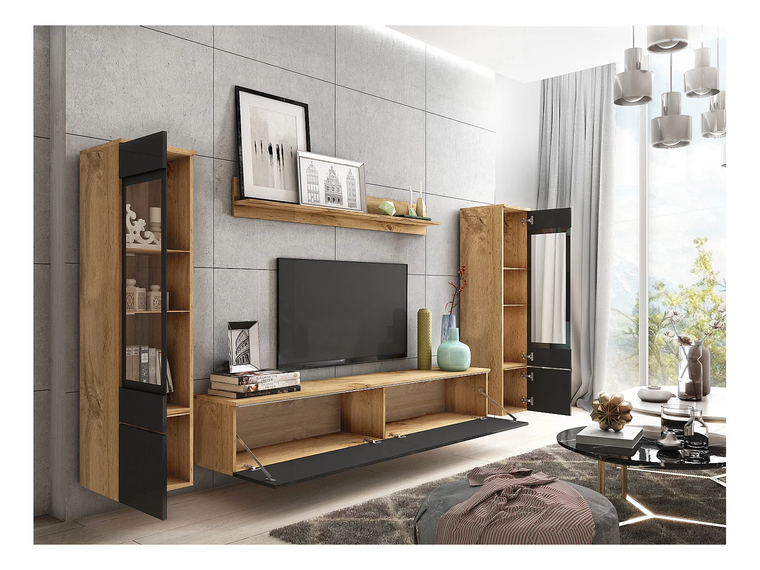 Set moderno di mobili da soggiorno 4 elementi, mobile TV 180 cm, 2 vetrine e mensola, corpo rovere Wotan opaco, fronti nero lucido, a terra o sospesa