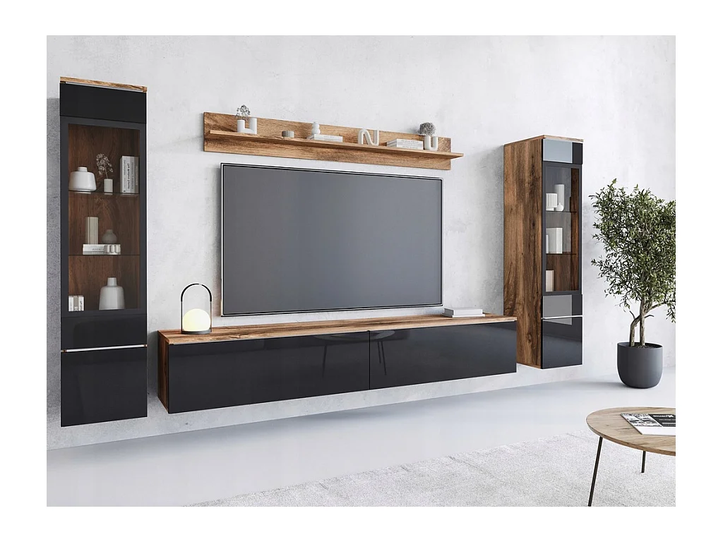Set moderno di mobili da soggiorno 4 elementi, mobile TV 180 cm, 2 vetrine e mensola, corpo rovere Wotan opaco, fronti nero lucido, a terra o sospesa