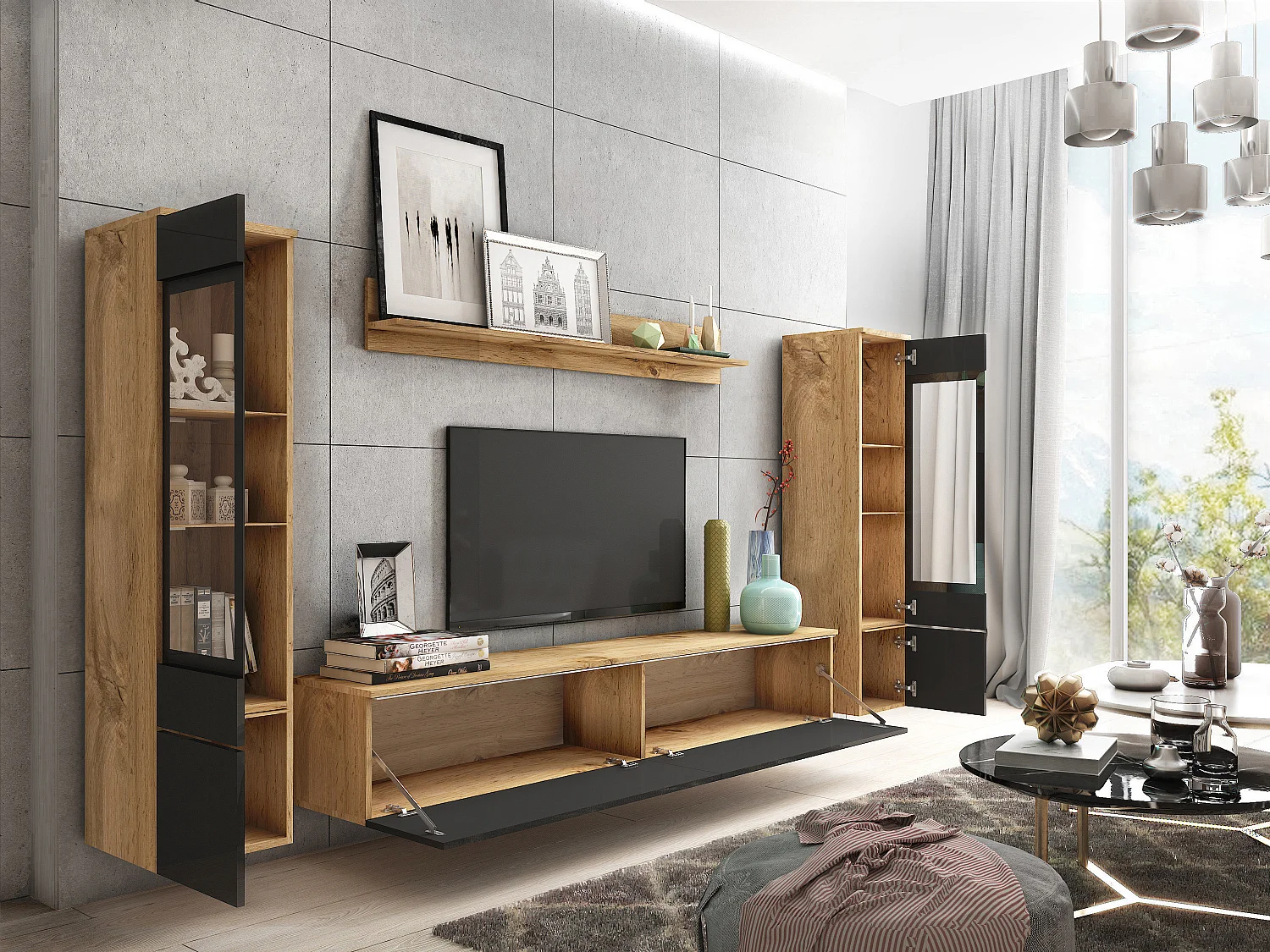 Moderne woonkamer meubelset 4-delig, TV-meubel 180 cm, 2 vitrinekasten en plank, corpus eiken Wotan mat, fronten zwart hoogglans, staand of hangend