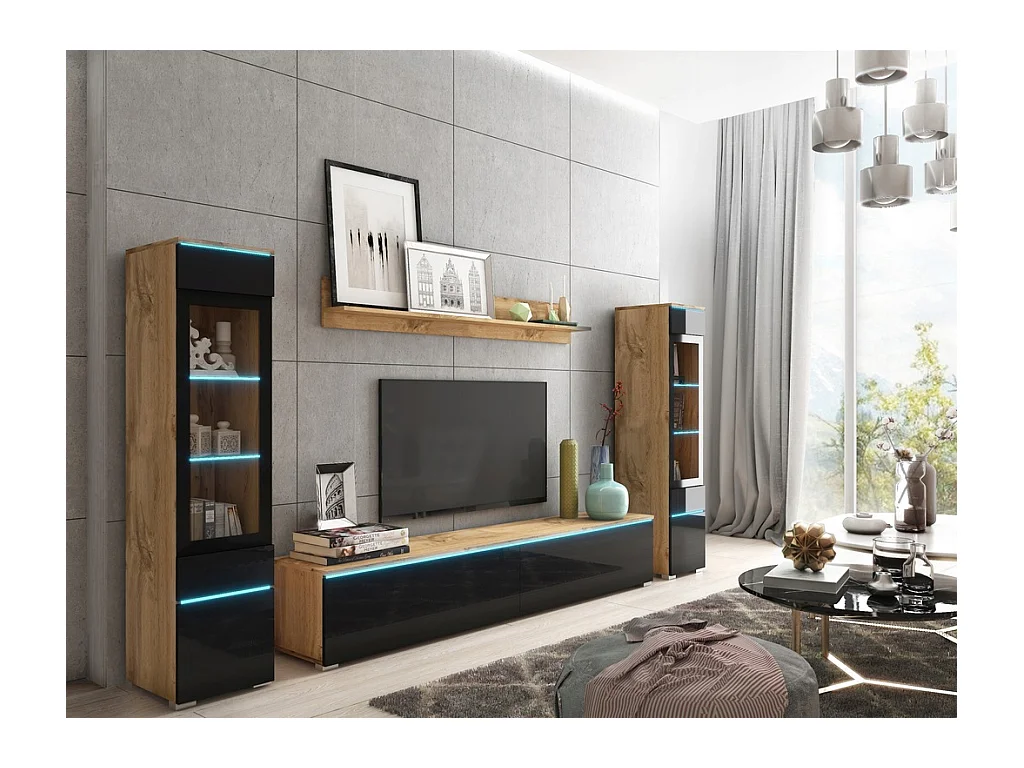 Moderne woonkamer meubelset 4-delig, TV-meubel 180 cm, 2 vitrinekasten en plank, corpus eiken Wotan mat, fronten zwart hoogglans, staand of hangend