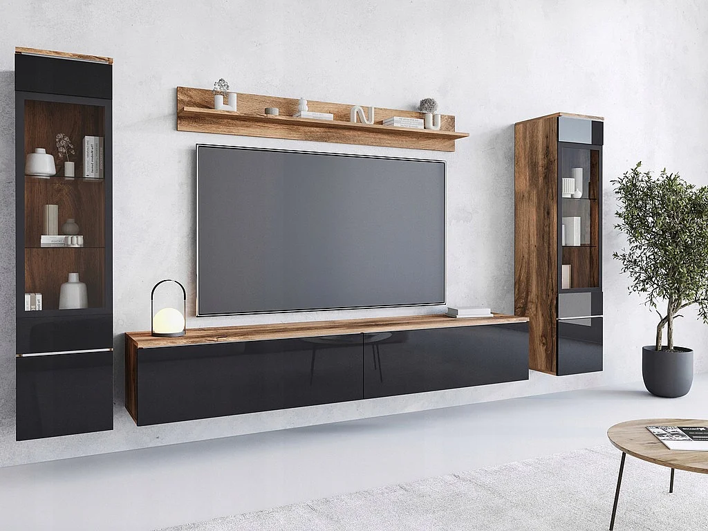 Moderne woonkamer meubelset 4-delig, TV-meubel 180 cm, 2 vitrinekasten en plank, corpus eiken Wotan mat, fronten zwart hoogglans, staand of hangend