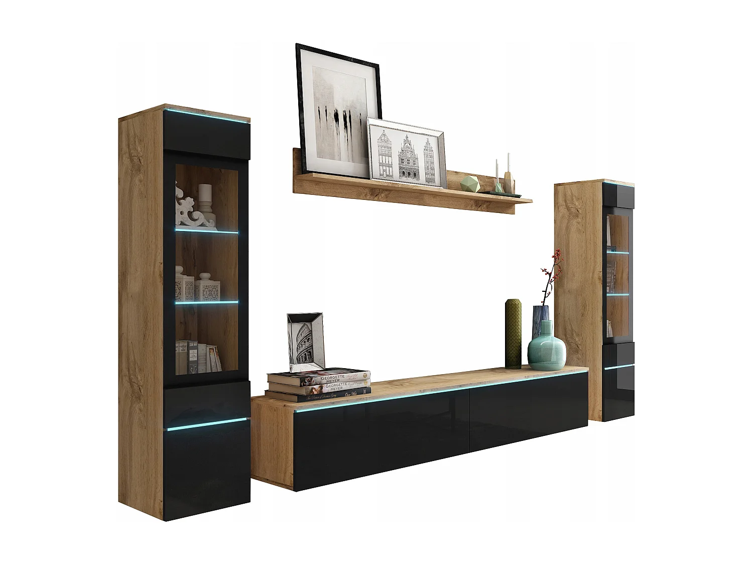 Conjunto moderno de muebles de salón 4 piezas, mueble TV 180 cm, 2 vitrinas y estante, cuerpo roble Wotan mate, frentes negro brillo, de pie o colgante