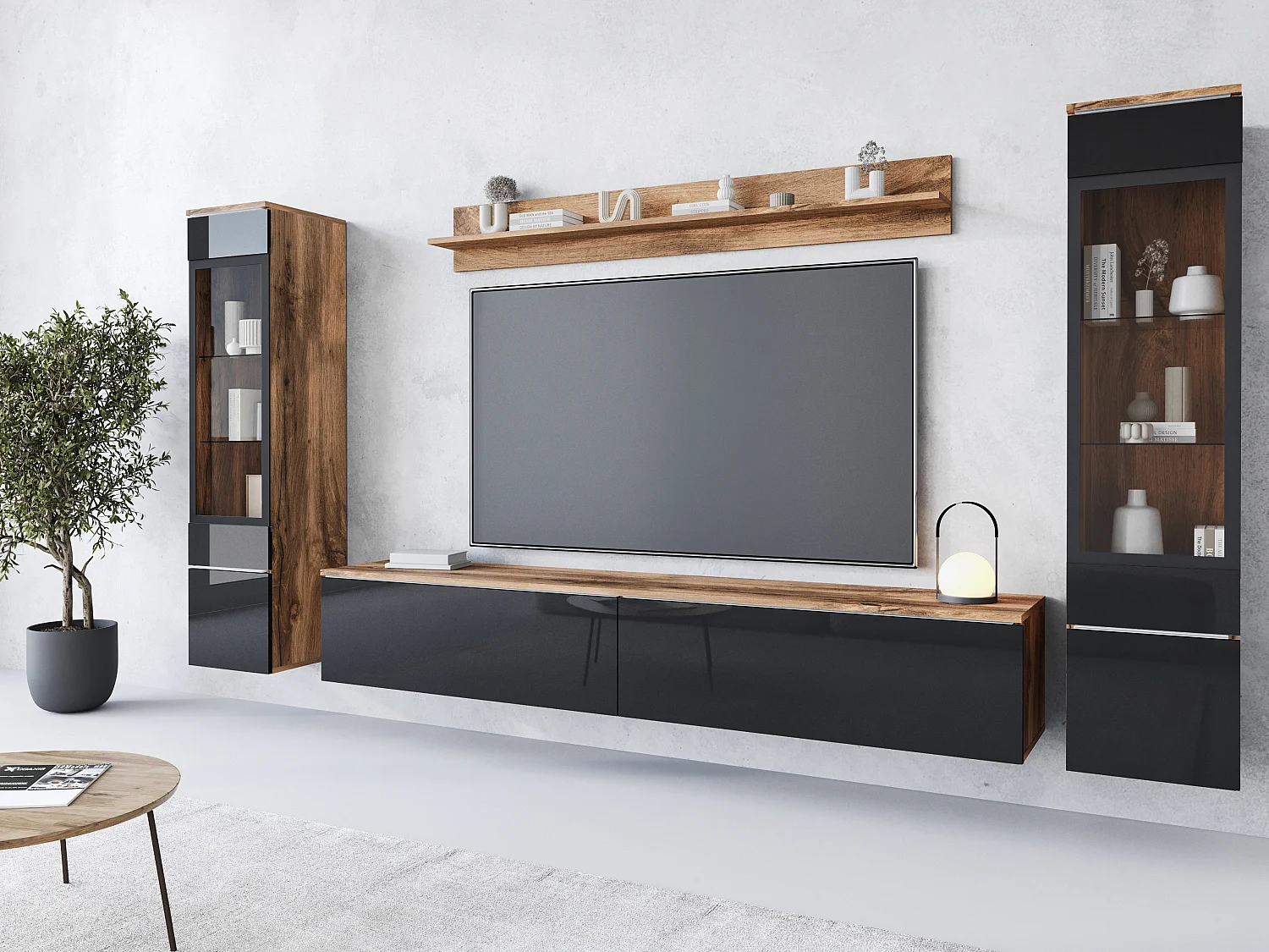 Wohnzimmermöbel-Set VERA II, Wohnzimmer-Set, TV-Möbel, mit LED-Beleuchtung, Farbe Wotan/Schwarz Glanz