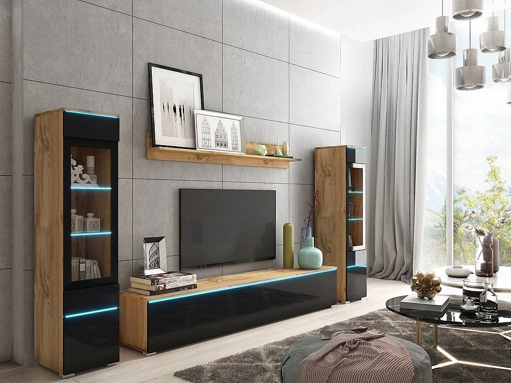 Wohnzimmermöbel-Set VERA II, Wohnzimmer-Set, TV-Möbel, mit LED-Beleuchtung, Farbe Wotan/Schwarz Glanz