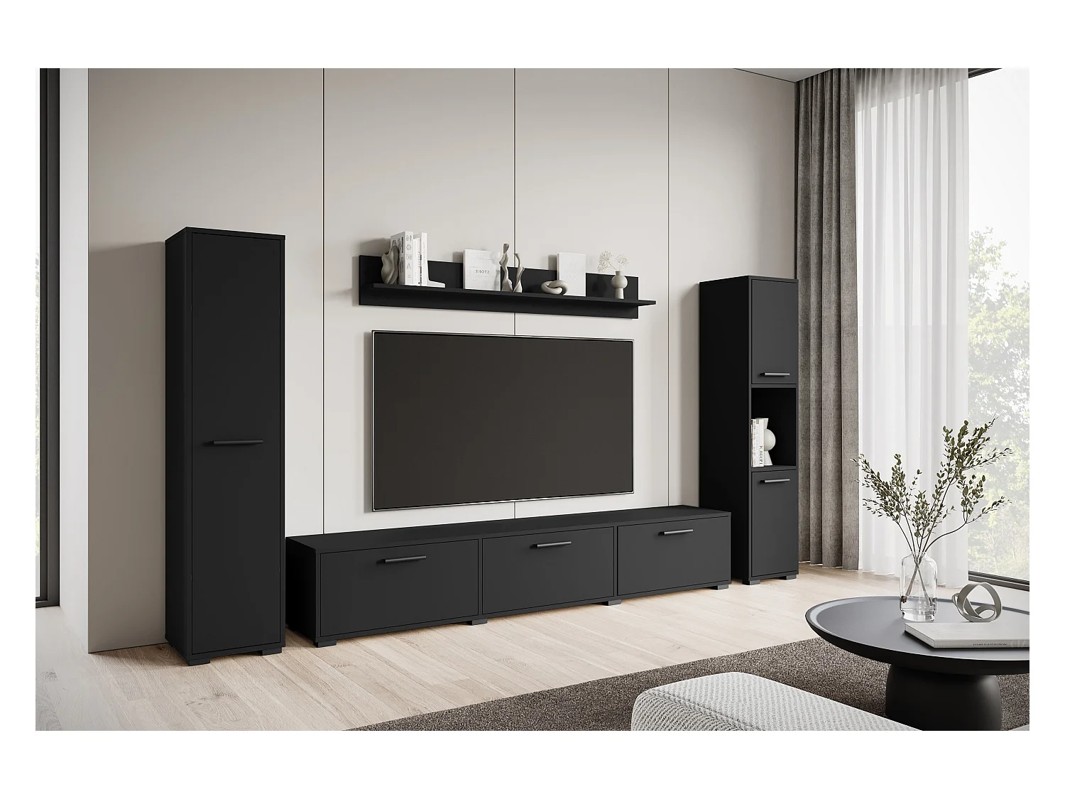 Moderne woonwand – hangend/staand, tv-meubel 180 cm, 2 kolomkasten, wandplank, zwart mat