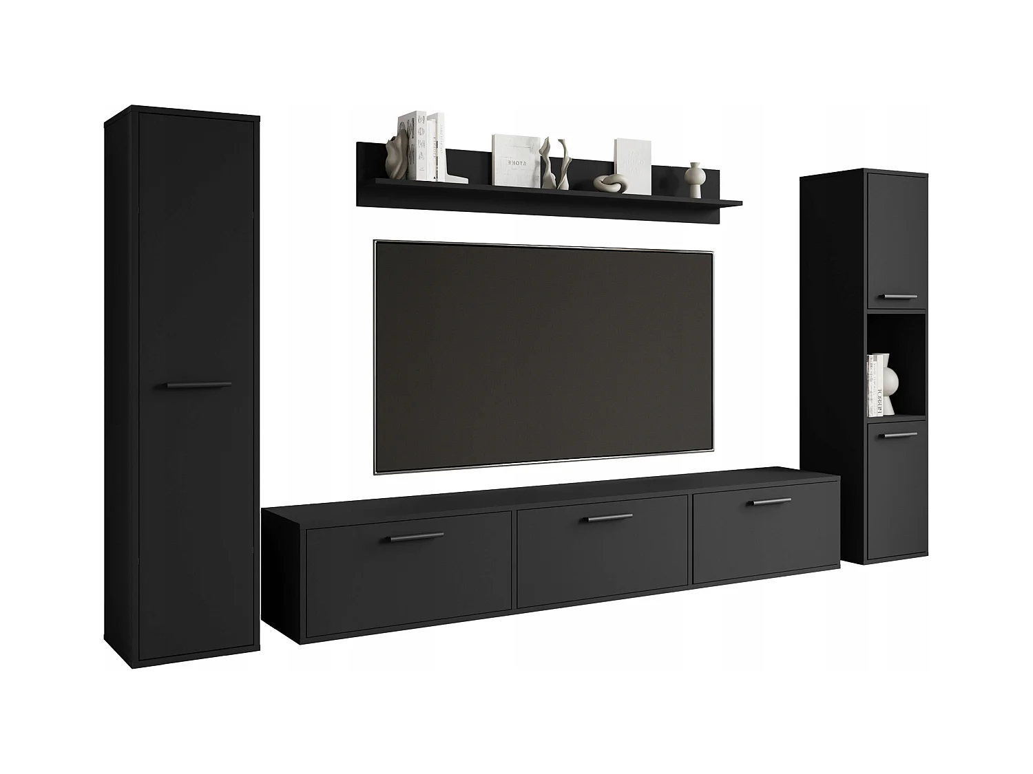 Moderne woonwand – hangend/staand, tv-meubel 180 cm, 2 kolomkasten, wandplank, zwart mat